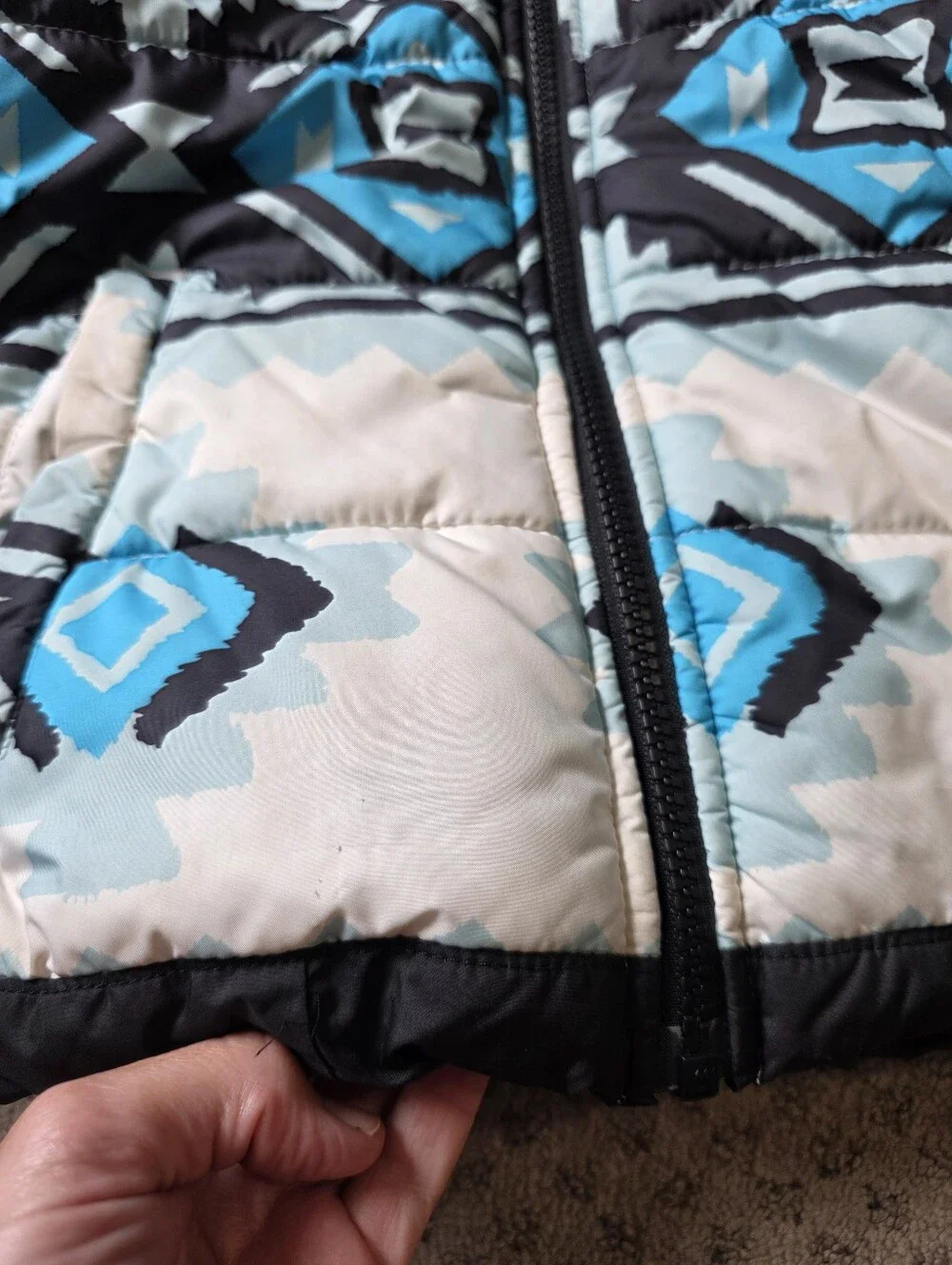 The North Face Girls' Reversible Blue Patterned And Black Puffer Jacket